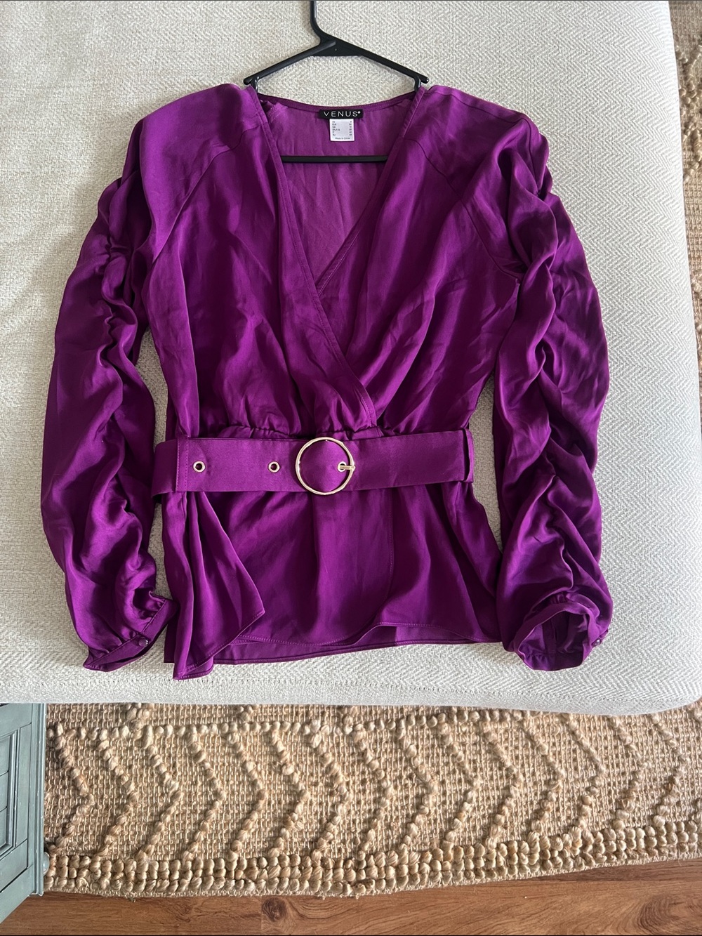 VENUS Magenta blouse with ruched sleeves and Gold Buckle Belt.